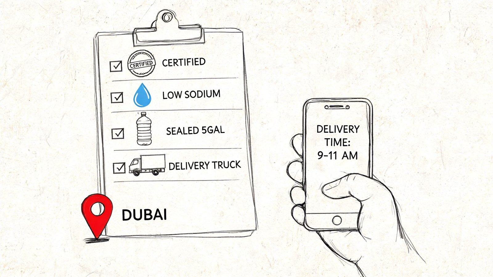 A clipboard with a delivery checklist and a smartphone showing a 9-11 AM delivery time in Dubai.