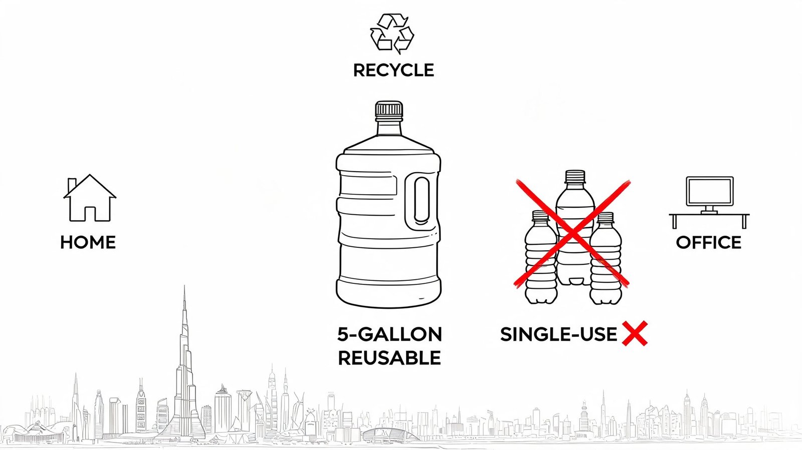 A graphic promoting 5-gallon reusable water jugs over single-use plastic bottles for home and office sustainability.