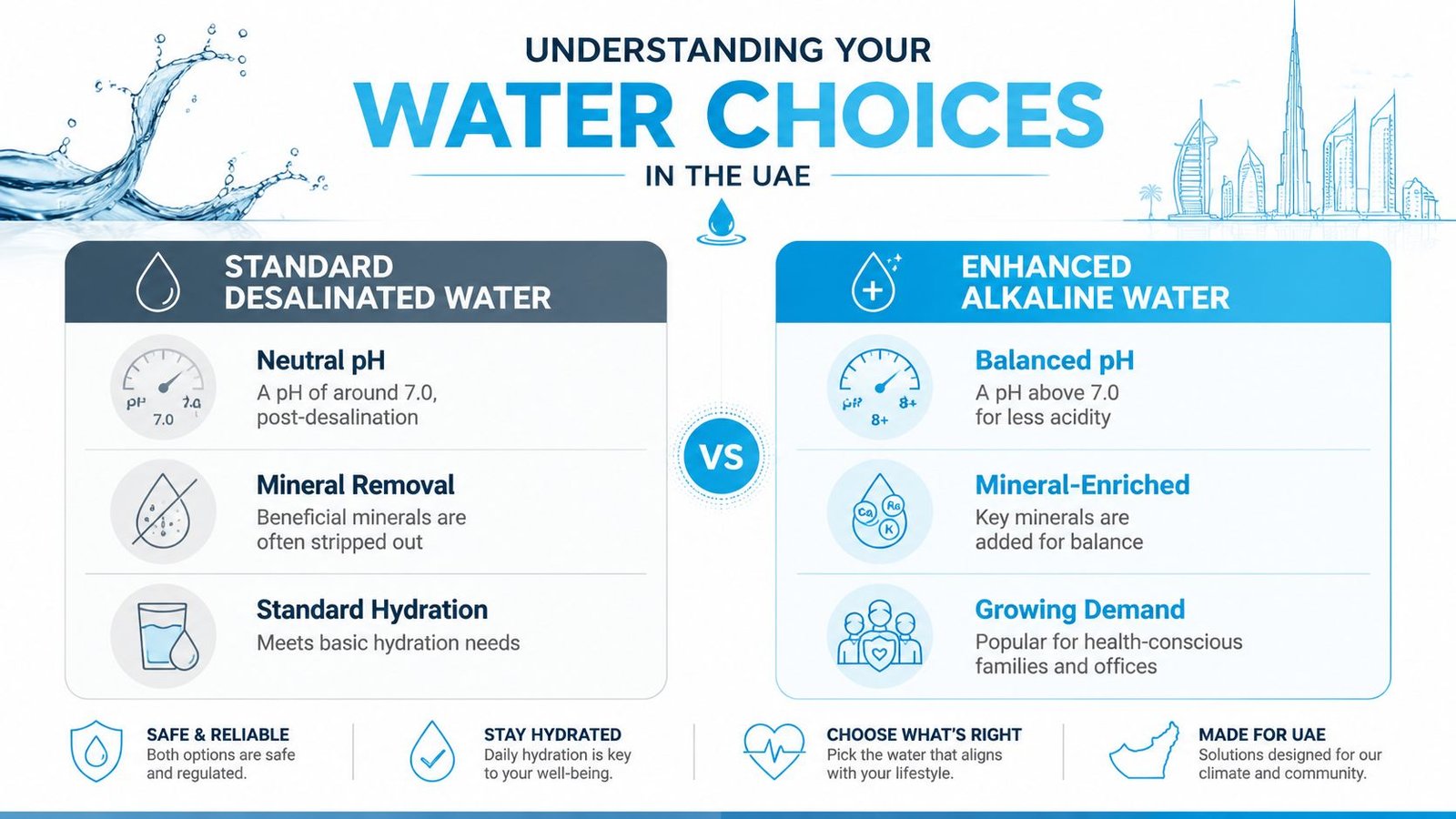 A comparative infographic explaining the differences between standard desalinated water and enhanced alkaline water in the UAE.