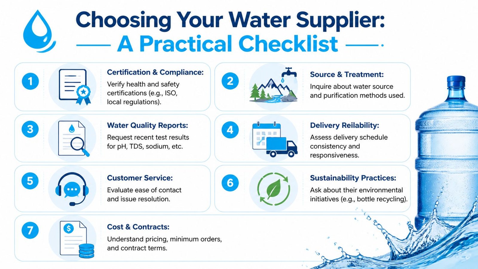 A checklist infographic titled Choosing Your Water Supplier with seven key considerations for selecting water service providers.