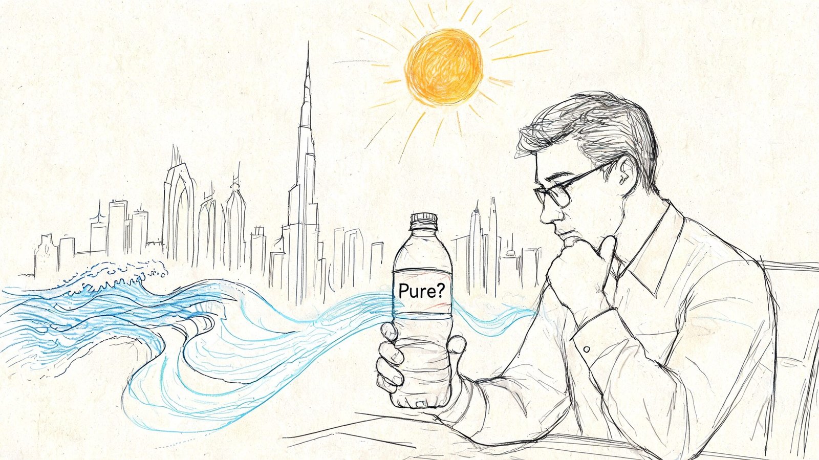 A man in glasses looks thoughtfully at a bottle of water with a city skyline in the background.
