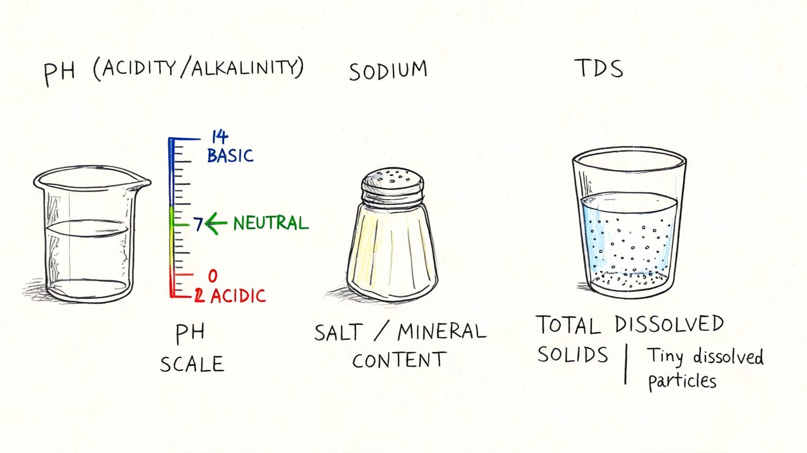 A diagram illustrating pH scale, sodium, and total dissolved solids in water for testing quality.