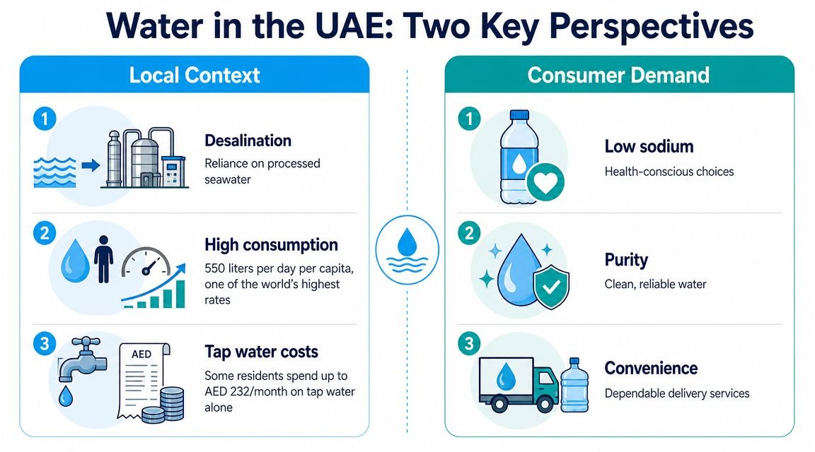 An infographic comparing local desalination reliance in the UAE with consumer demands for purified, convenient water.