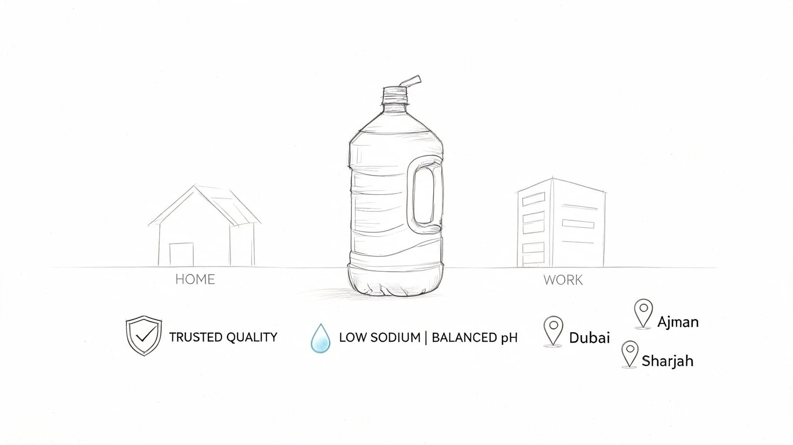 A sketched illustration of a large water bottle intended for use at both home and work.