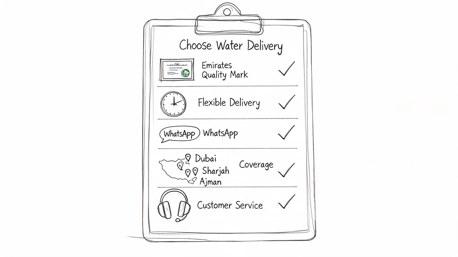 A clipboard graphic highlighting key features of a water delivery service in the United Arab Emirates.