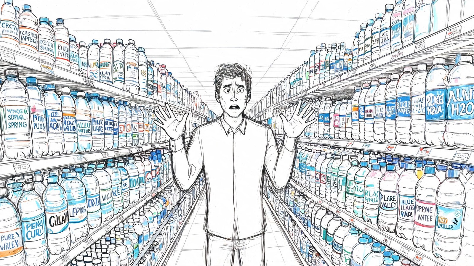 A confused man stands in a grocery store aisle surrounded by rows of bottled water products.