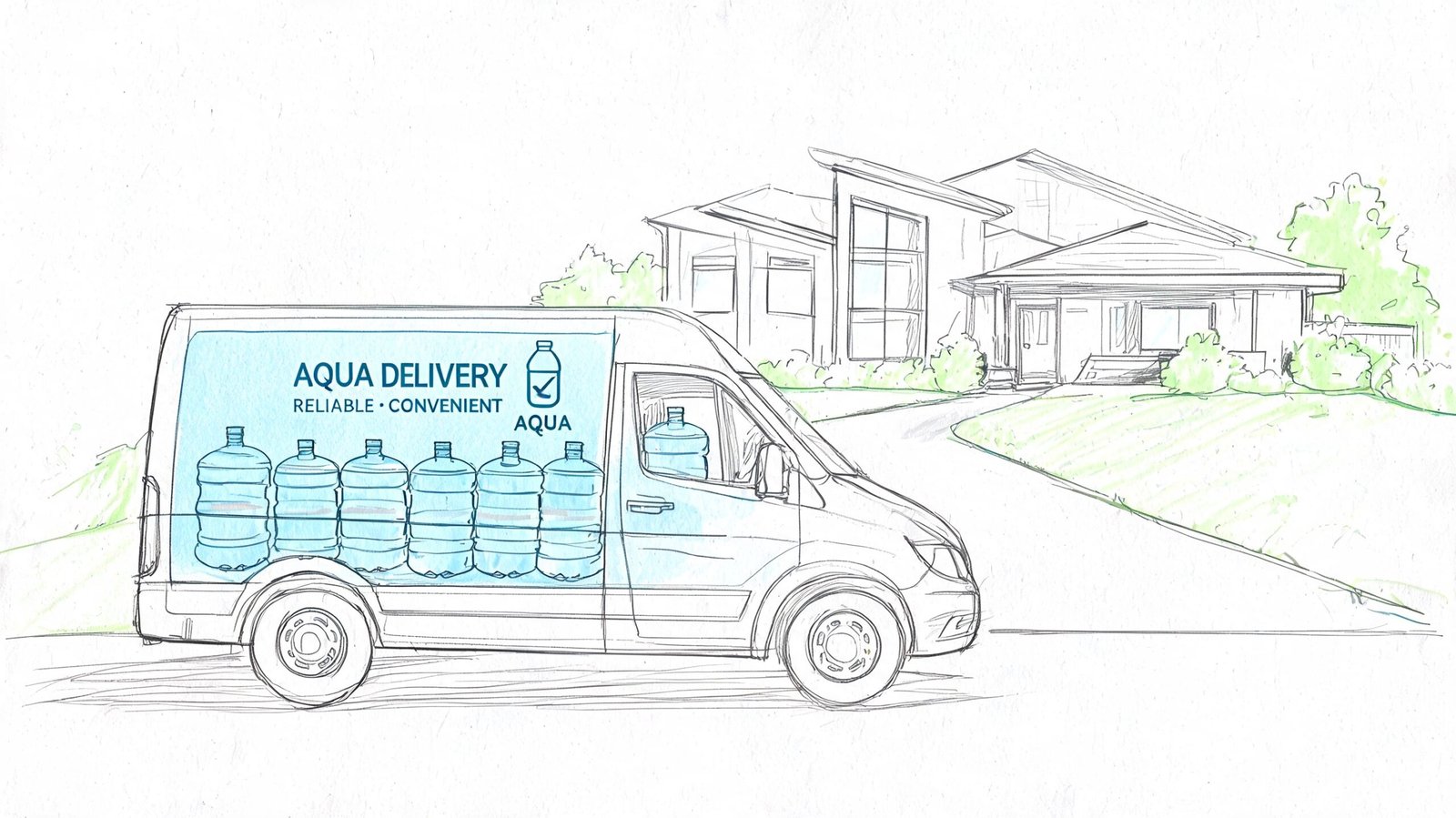 A line drawing of a delivery van loaded with water jugs arriving at a suburban house.