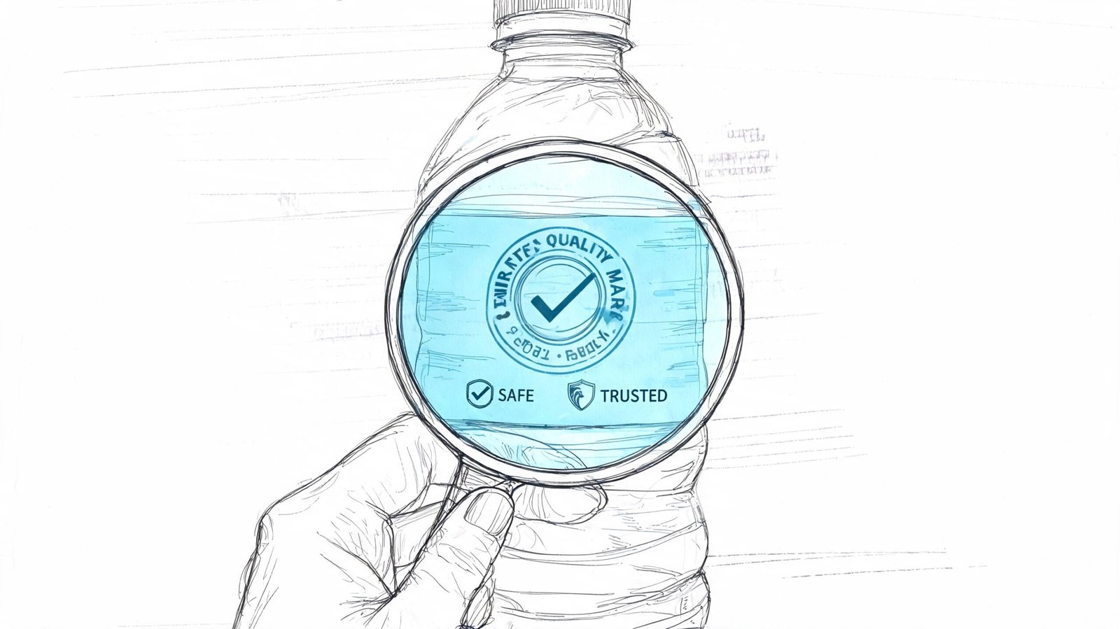 A hand holds a magnifying glass over a water bottle showing the Emirates Quality Mark for safety.