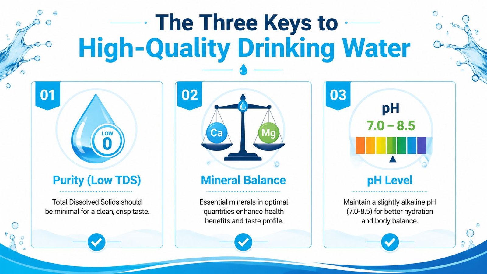 An infographic illustrating the three keys to high-quality drinking water: Purity, Mineral Balance, and pH level.