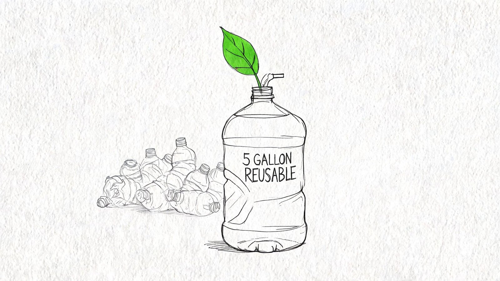 A conceptual illustration showing a large reusable five-gallon water bottle alongside a pile of single-use plastic bottles.