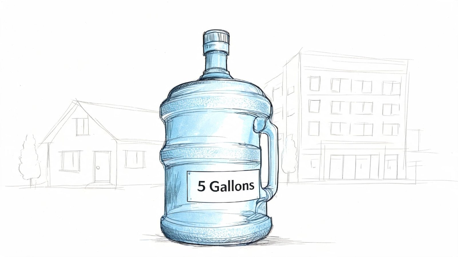 A large five-gallon plastic water jug standing in front of a sketch of residential buildings.