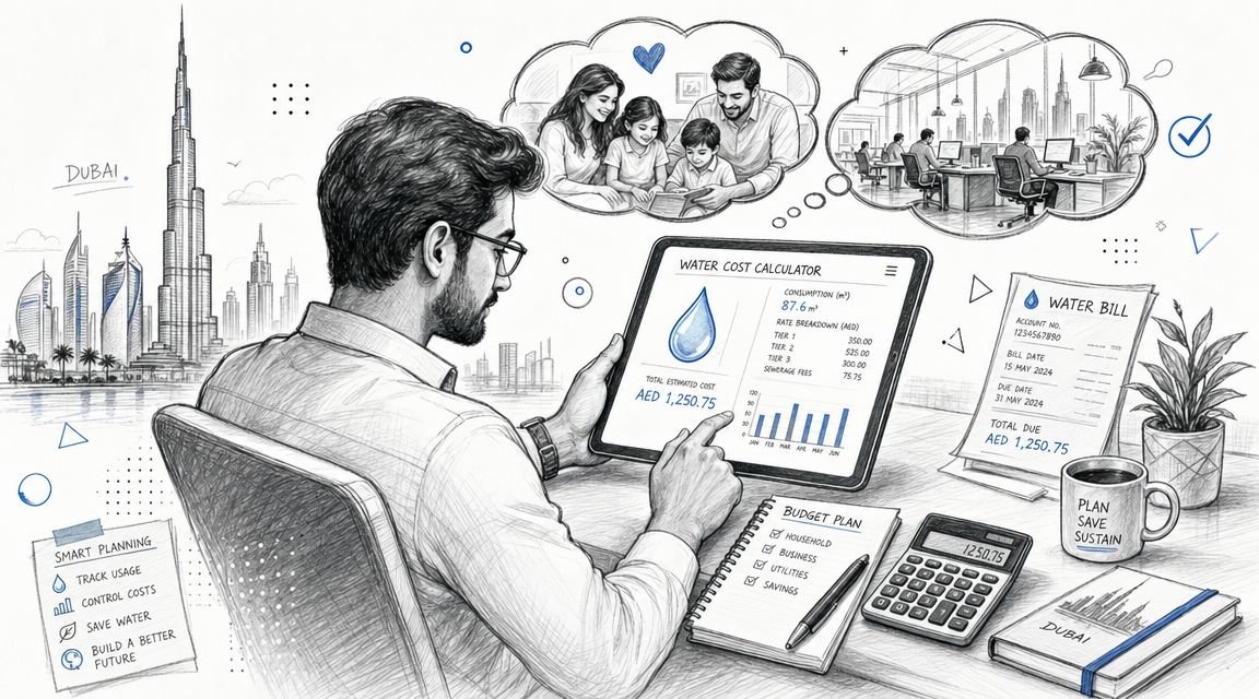 A man in Dubai planning a household budget on a digital tablet with water bill details.