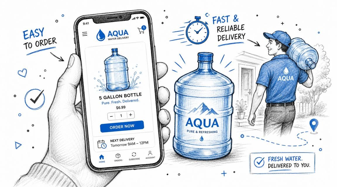 A hand holds a smartphone showing an app for ordering Aqua bottled water with fast home delivery.