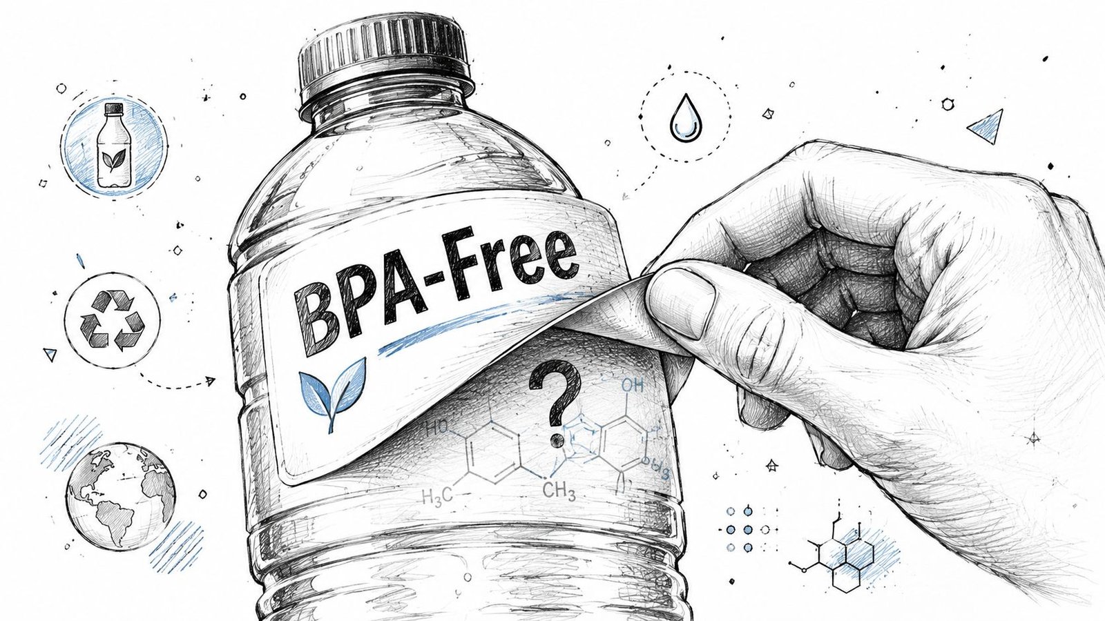 A hand peeling a BPA-Free label off a plastic water bottle revealing a chemical structure underneath.