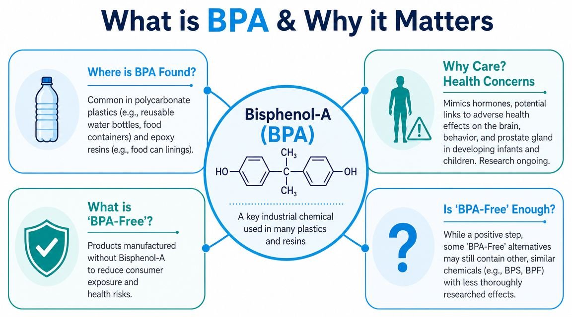 An infographic explaining what Bisphenol-A (BPA) is, its health risks, and the meaning of BPA-free products.