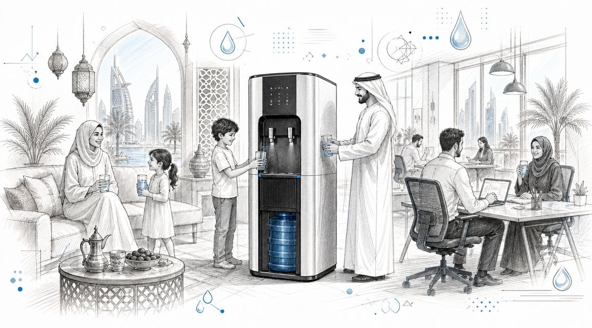A modern water dispenser serving a family in a home and professionals in an office setting.