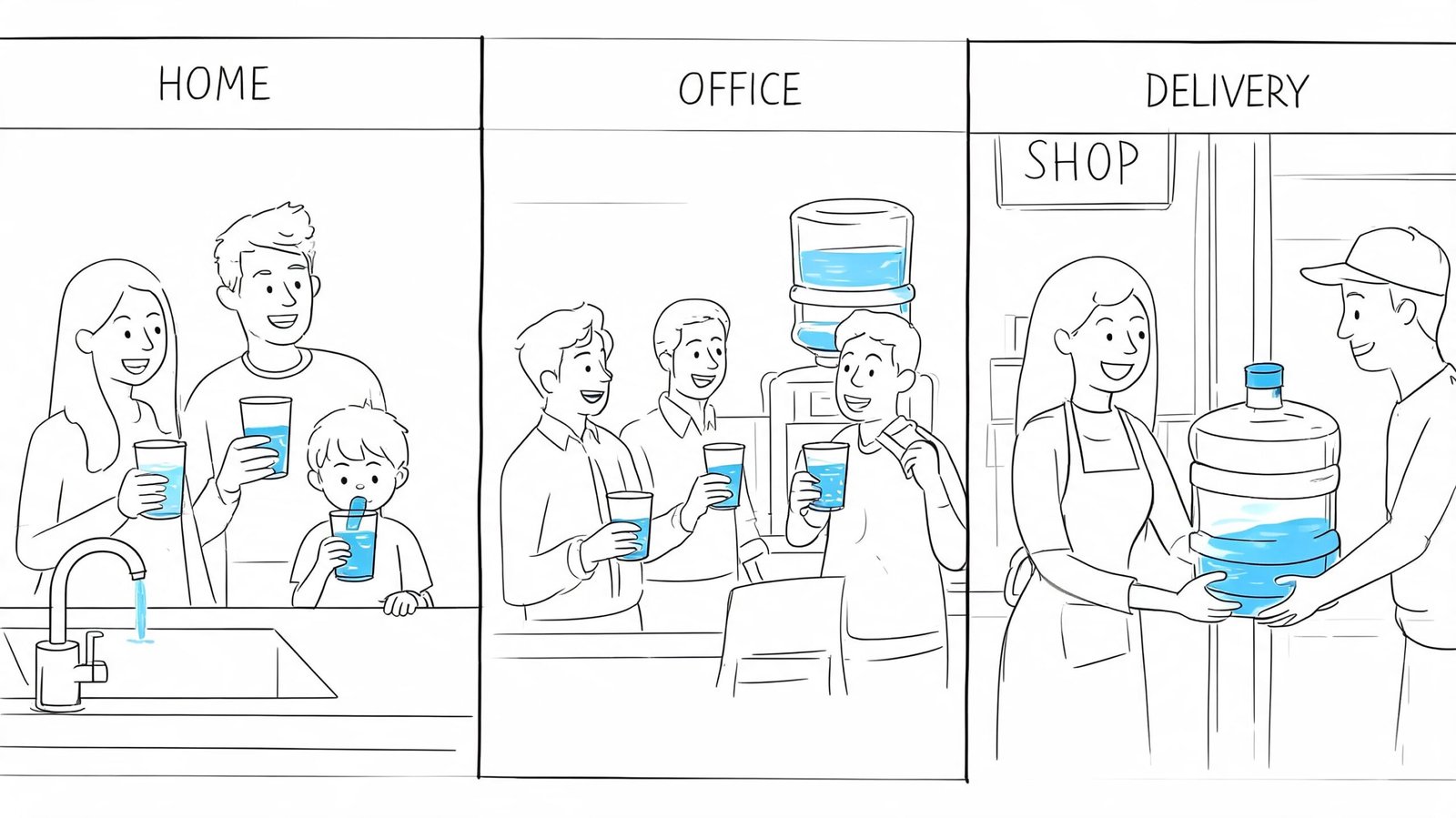Line art illustration showing scenes of drinking water at home, in an office, and delivery service.