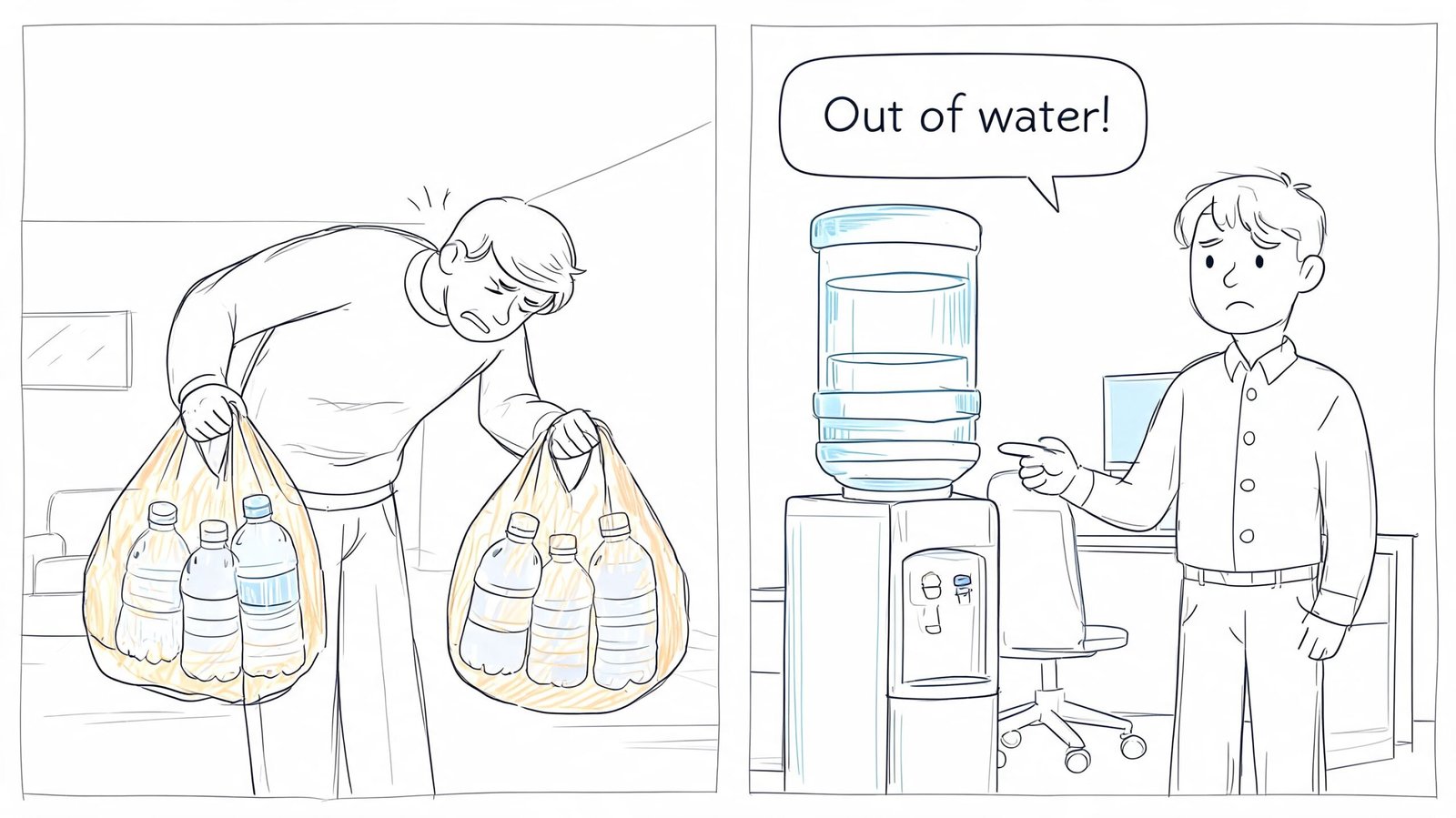 A man carries heavy water bottles while a coworker points at an empty office water cooler.
