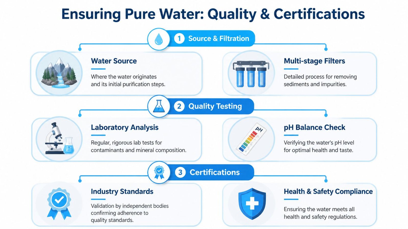 A diagram illustrating the three steps of water quality and certification: filtration, testing, and compliance standards.
