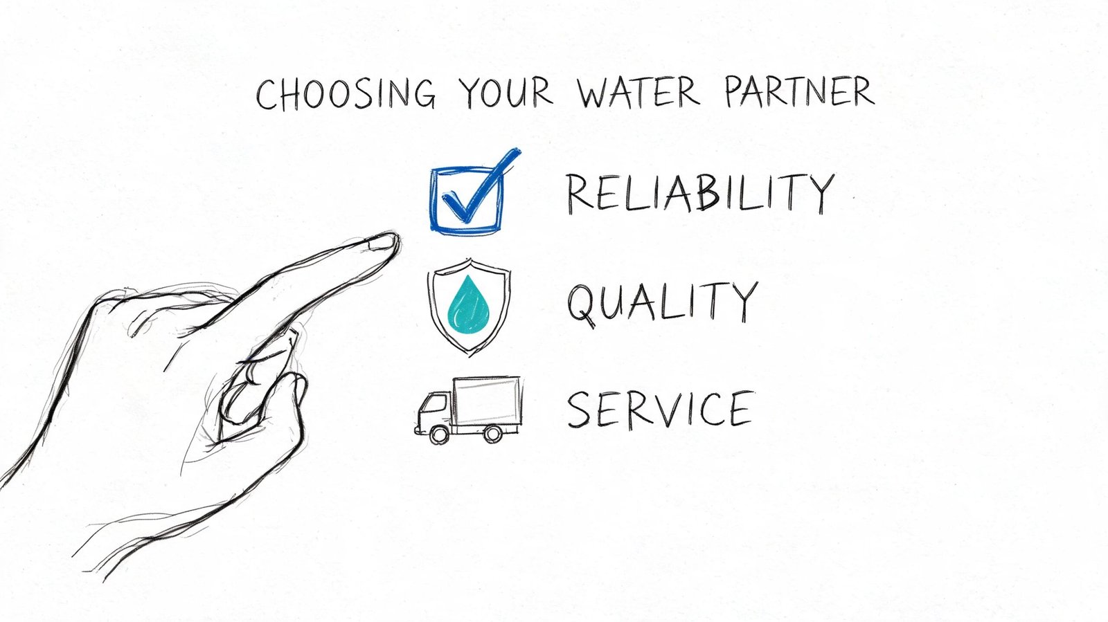 A hand points toward a checklist featuring reliability, quality, and service for choosing a water delivery partner.
