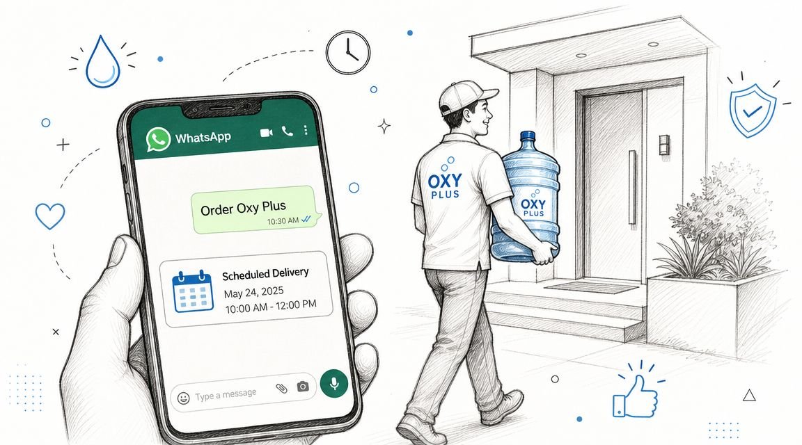 A delivery man carrying an Oxy Plus water jug while a phone shows a scheduled delivery message.