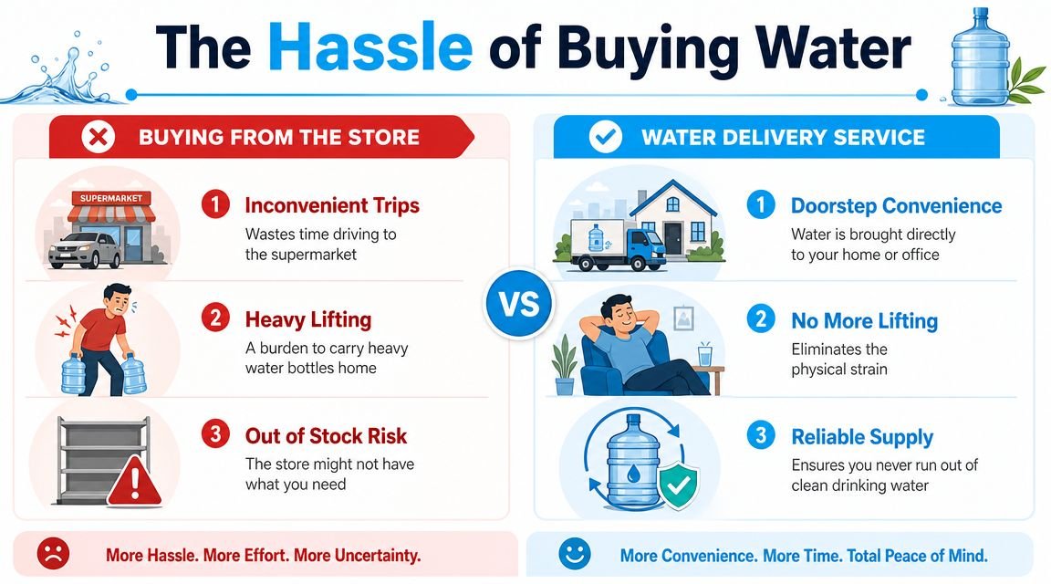 A comparison infographic showing the benefits of water delivery services over buying bottled water from stores.