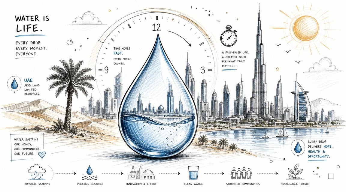 A hand-drawn illustration depicting water conservation in the UAE, featuring a large water droplet and skyscrapers.