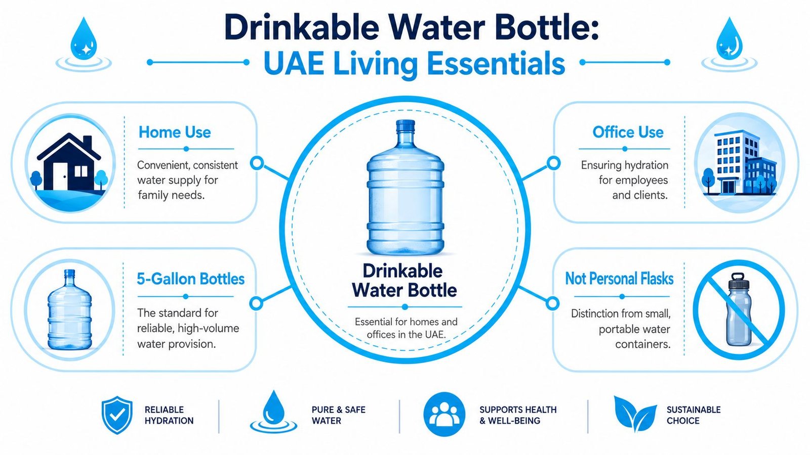 An infographic illustrating the essentials of using 5-gallon drinkable water bottles in UAE homes and offices.