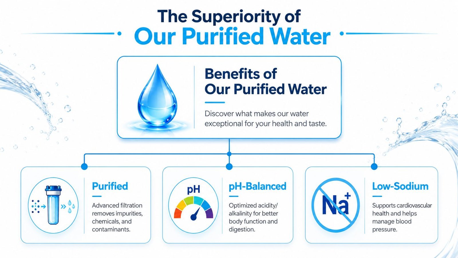 An infographic highlighting the benefits of purified water, including filtration, pH balance, and low-sodium content.
