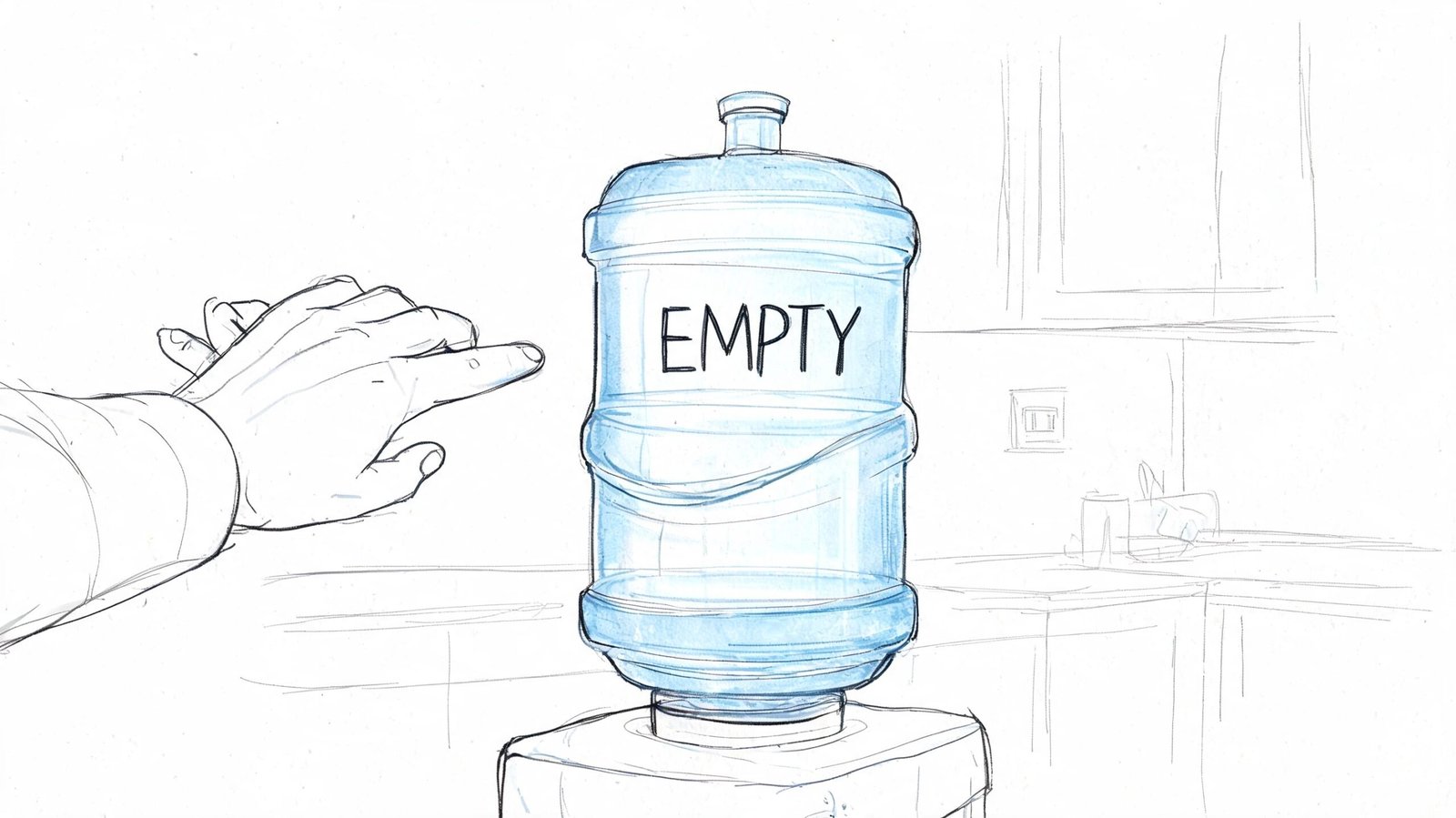 A hand gestures toward an empty five-gallon water cooler jug sitting on a dispenser.
