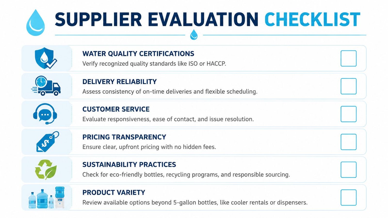 A checklist graphic for evaluating professional drinking water suppliers, featuring six key criteria for business assessment.