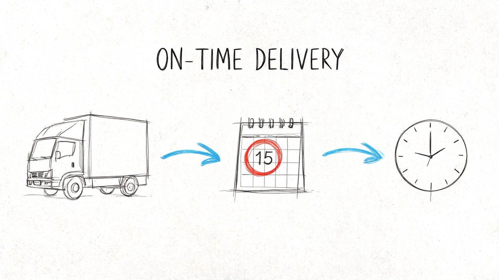 A conceptual sketch illustrating on-time delivery with a delivery truck, a calendar marked on the fifteenth, and a clock.