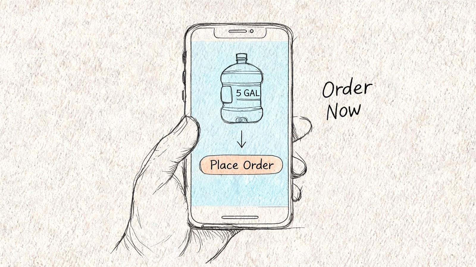 A hand holding a smartphone showing an app to order a five-gallon water bottle online.