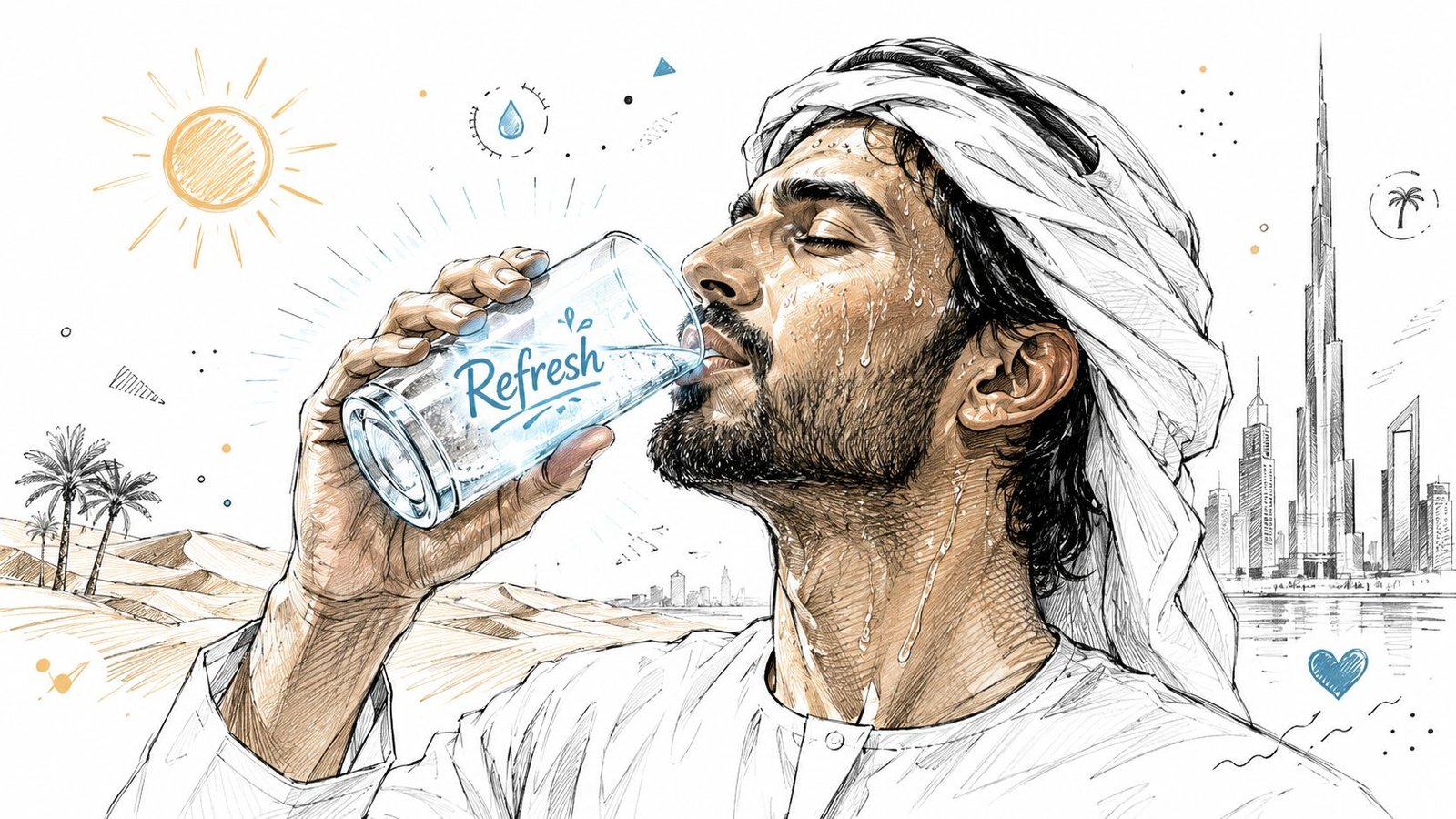 An Emirati man wearing a white thobe drinking water in the desert with the Burj Khalifa background.