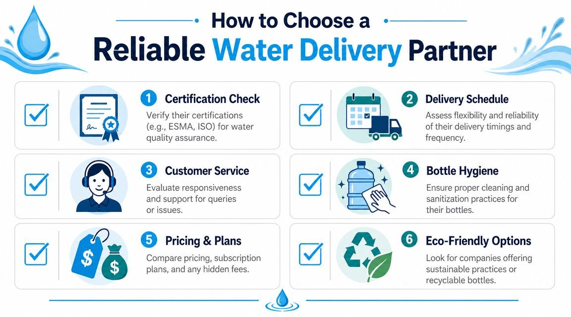 A professional infographic titled How to Choose a Reliable Water Delivery Partner featuring six essential tips.