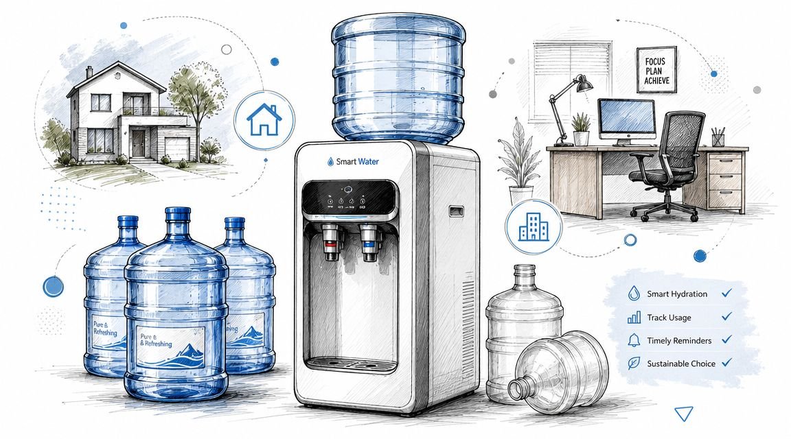 A modern smart water dispenser surrounded by large water bottles for home and office hydration use.