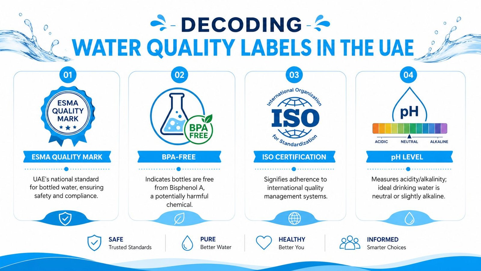 An infographic titled Decoding Water Quality Labels in the UAE explaining ESMA, BPA-Free, ISO, and pH markings.