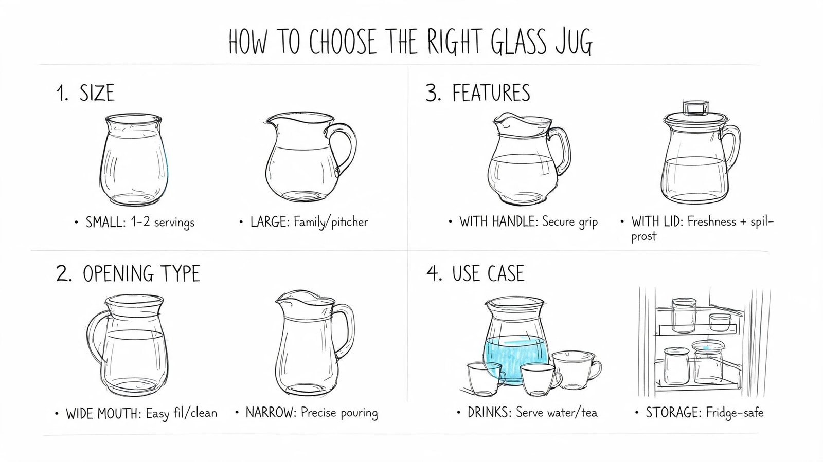 An infographic illustrating four key factors to consider when choosing the right glass jug for home use.