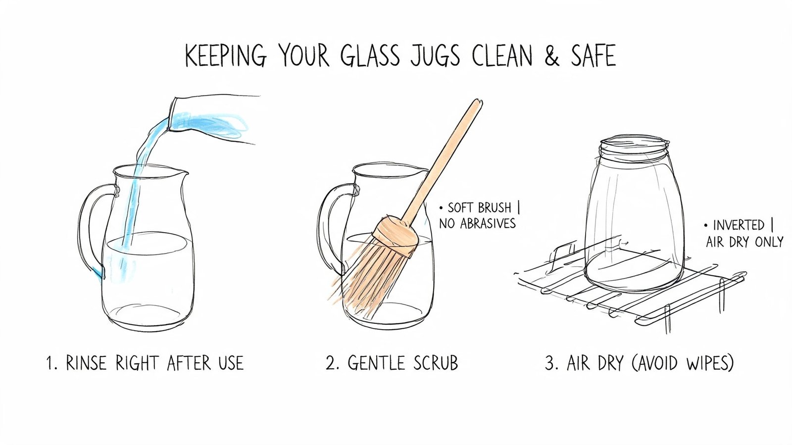 An illustrated guide demonstrating three simple steps for keeping glass water jugs clean and safe.