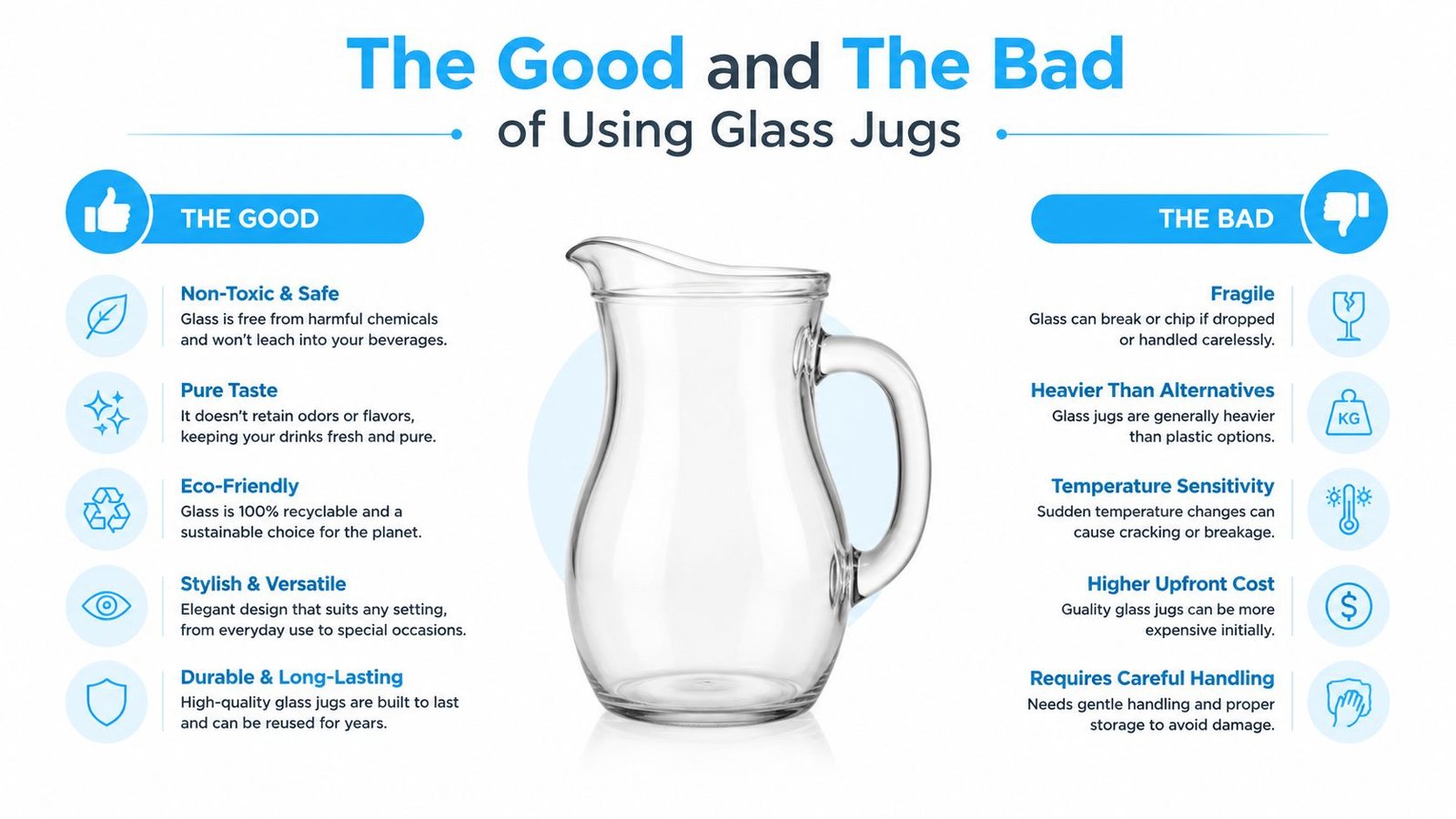 An infographic comparing the benefits and drawbacks of using glass jugs for storing and serving beverages.