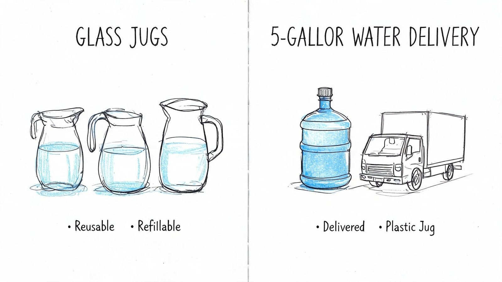 A hand-drawn illustration comparing reusable glass jugs with a plastic 5-gallon water delivery service.