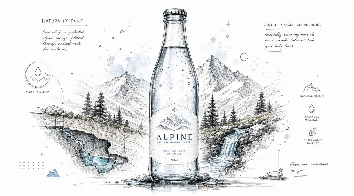 A detailed artistic illustration of a glass bottle of Alpine natural mineral water against mountain scenery.