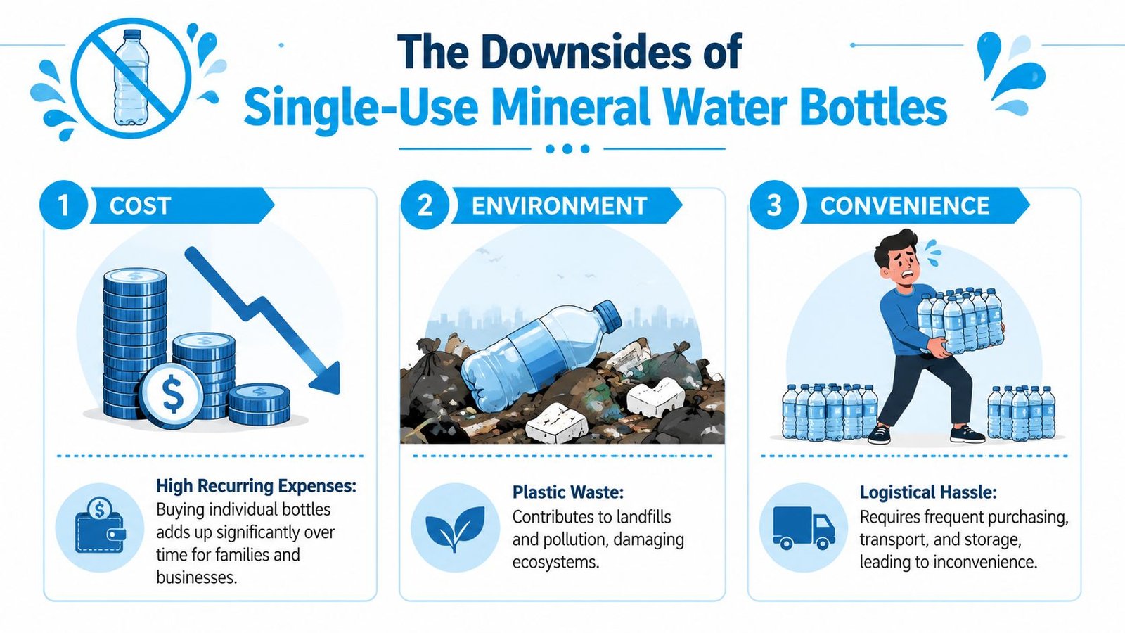 An infographic showing the cost, environmental, and convenience downsides of using single-use plastic mineral water bottles.
