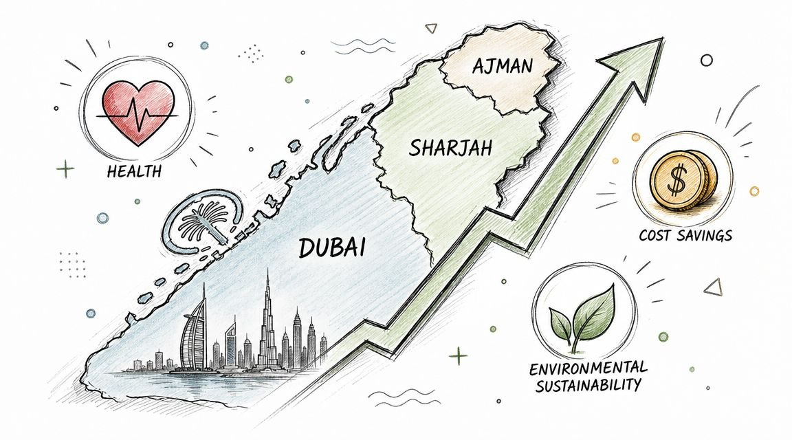 An illustrated map of Dubai, Sharjah, and Ajman connected to icons representing health, cost savings, and sustainability.