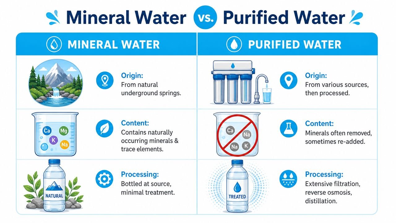 A comparison chart showing the differences between mineral water and purified water regarding origin, content, and processing.