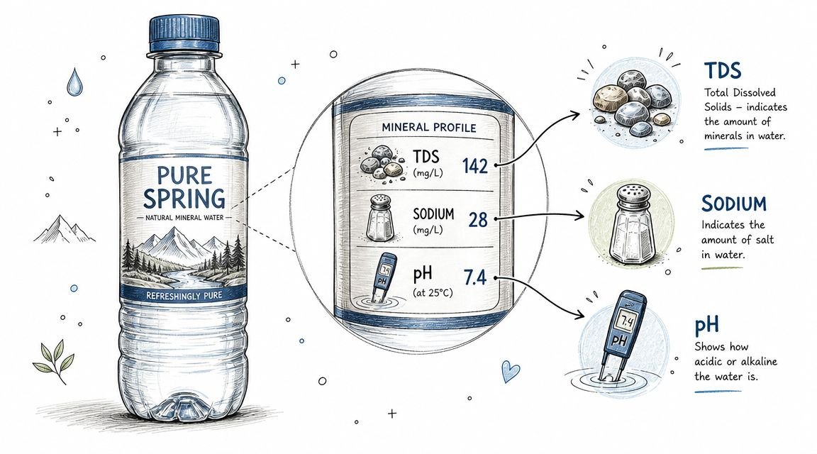 A diagram of a Pure Spring mineral water bottle displaying its TDS, sodium, and pH mineral profile.