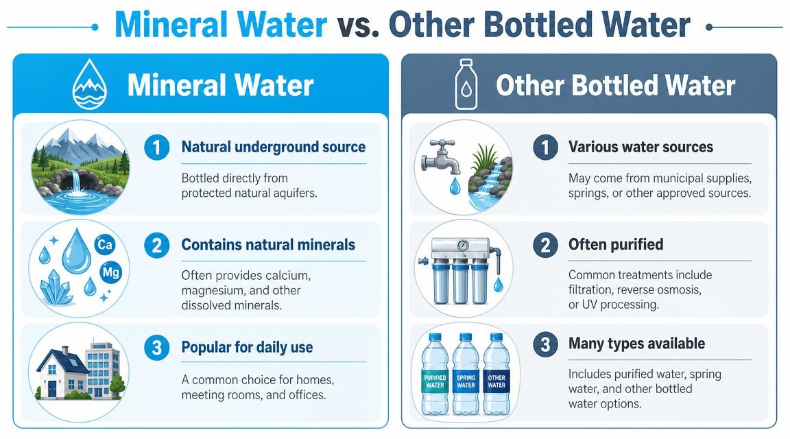 An infographic comparing the differences between natural mineral water and other types of bottled water.