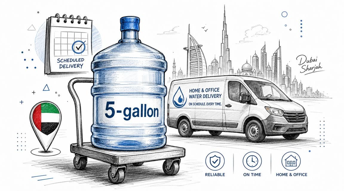 A line drawing illustration showing a 5-gallon water bottle on a cart with a delivery van in Dubai.