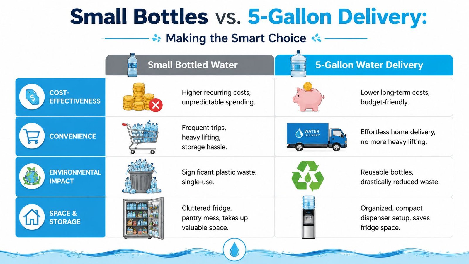 A comparison chart showing the benefits of 5-gallon water delivery over small bottled water for home use.
