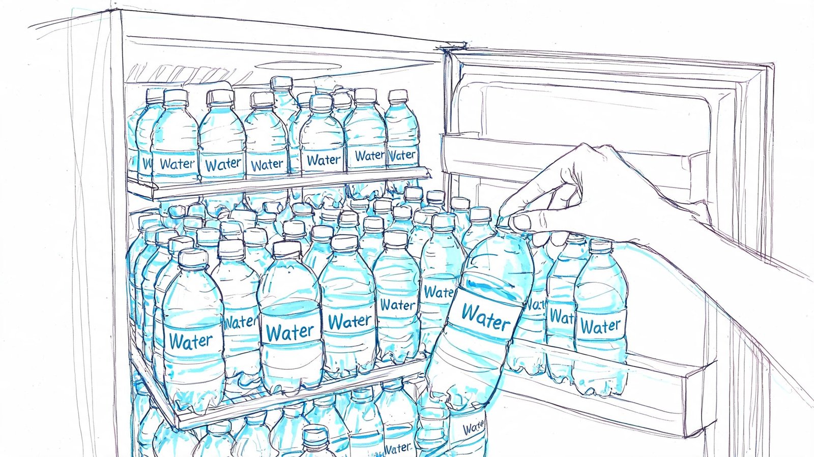 A hand reaching into a refrigerator filled with many bottles of water, picking one out.